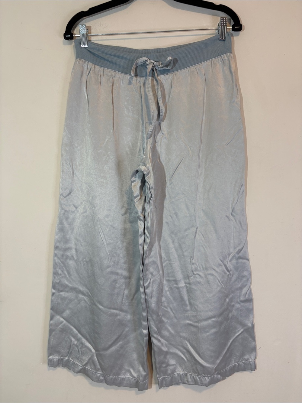 PJ Harlow Blue Satin Jolie Wide Leg Capri Ankle Crop Pajama Lounge Pants Small